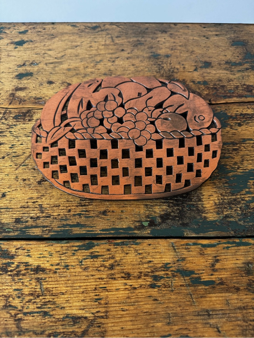 Copper Colored Cast Metal Fruit Basket Trivet - Wall Decor